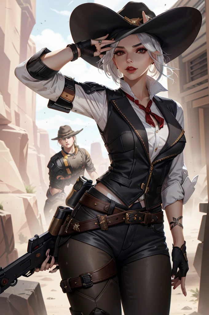 AsheOver, 1girl, cowboy hat, solo, hat, makeup, mole above mouth, gloves, lipstick, red lips, fingerless gloves, mole, earrings, jewelry, breasts, white hair, looking at viewer, gun, cowboy shot, eyeshadow, red eyes, belt, arm up, short hair, hand on headwear, shirt, weapon, day, bracelet, medium breasts, outdoors, holster, standing, nail polish, white shirt, vest, black gloves, lips, mascara, blurry, parted lips, medium hair, thigh strap
