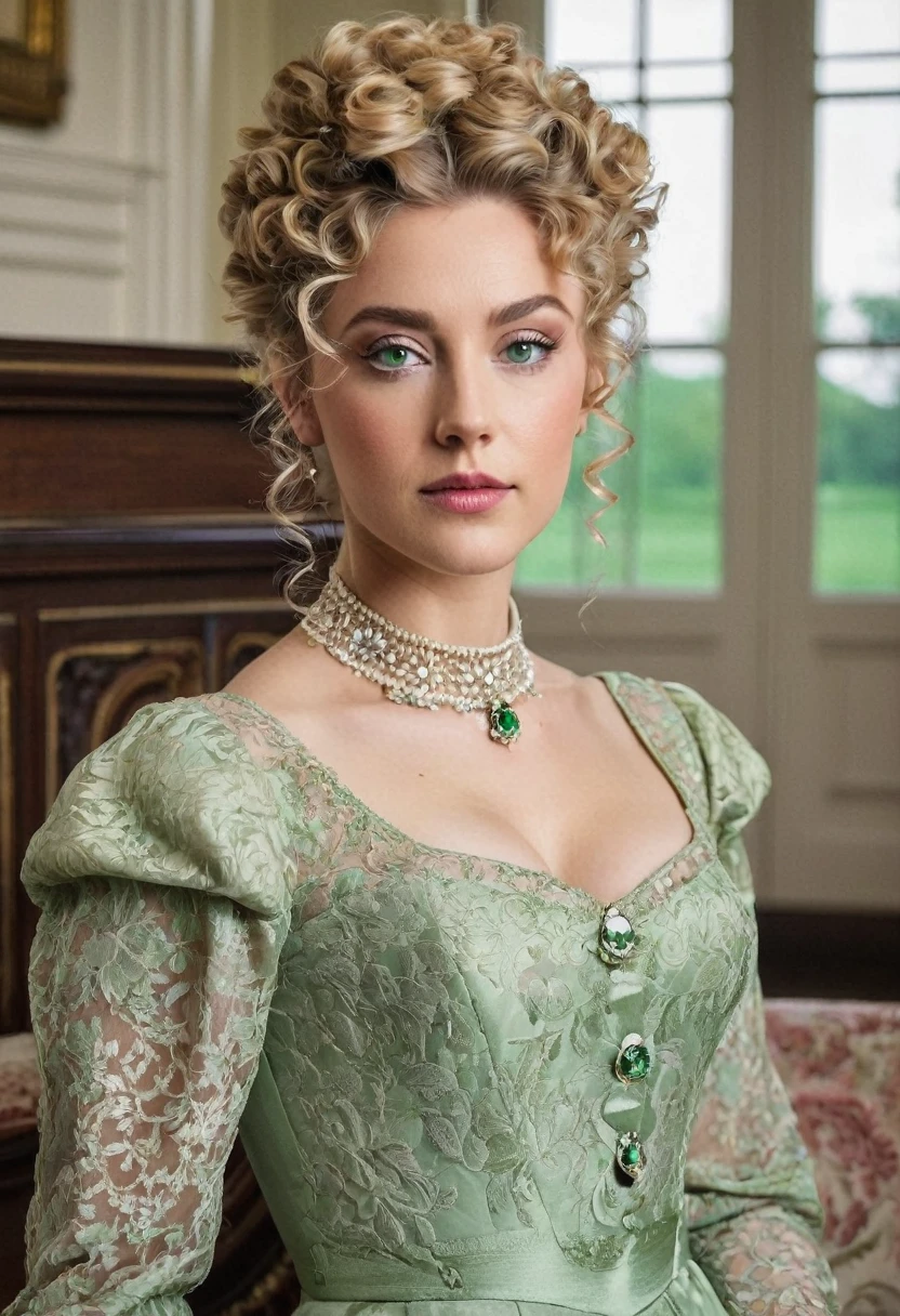 show me a 1 with blonde curly green eyes, with her hair in a half-updo and wearing an Edwardian-style dress, elegant, inside a mansion 