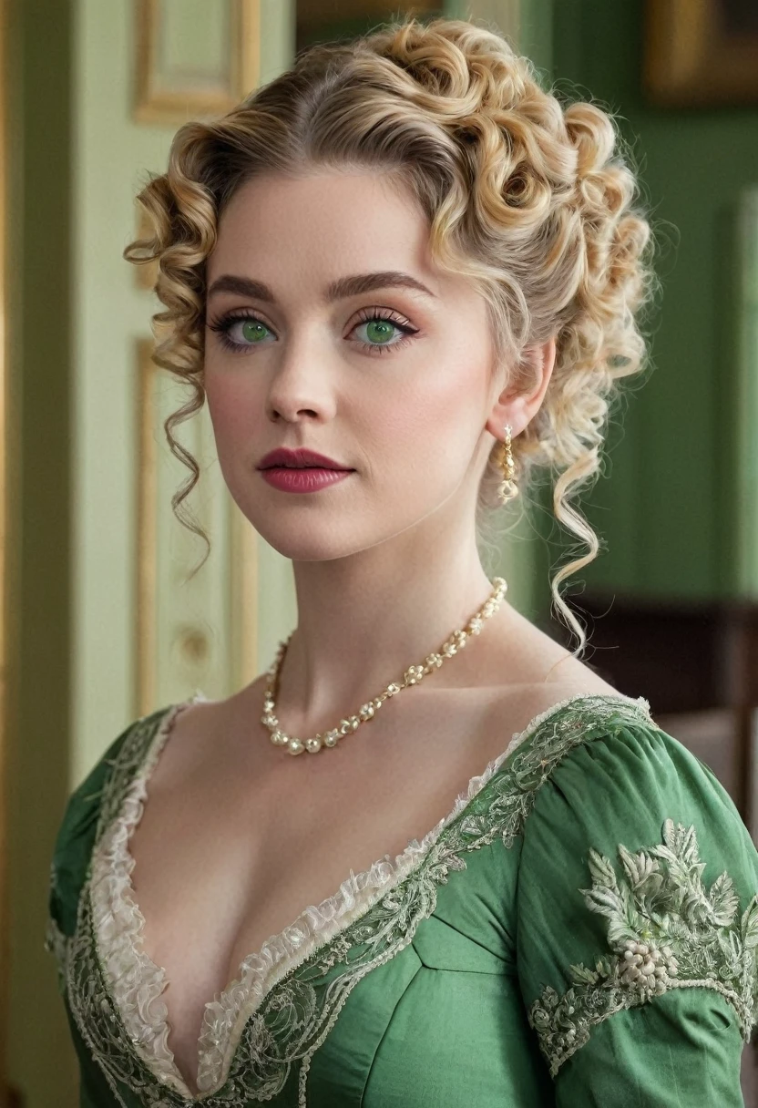 show me a 1 with blonde curly green eyes, with her hair in a half-updo and wearing an Edwardian-style dress, elegant, inside a mansion