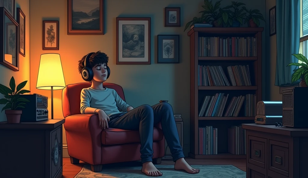 night、Listen to music in a cozy room, Using headphones, 2D-style animation, Lo-Fi, hard disk