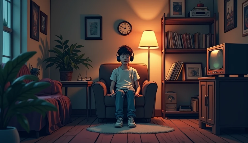 night、Listen to music in a cozy room, Using headphones, 2D-style animation, Lo-Fi, hard disk