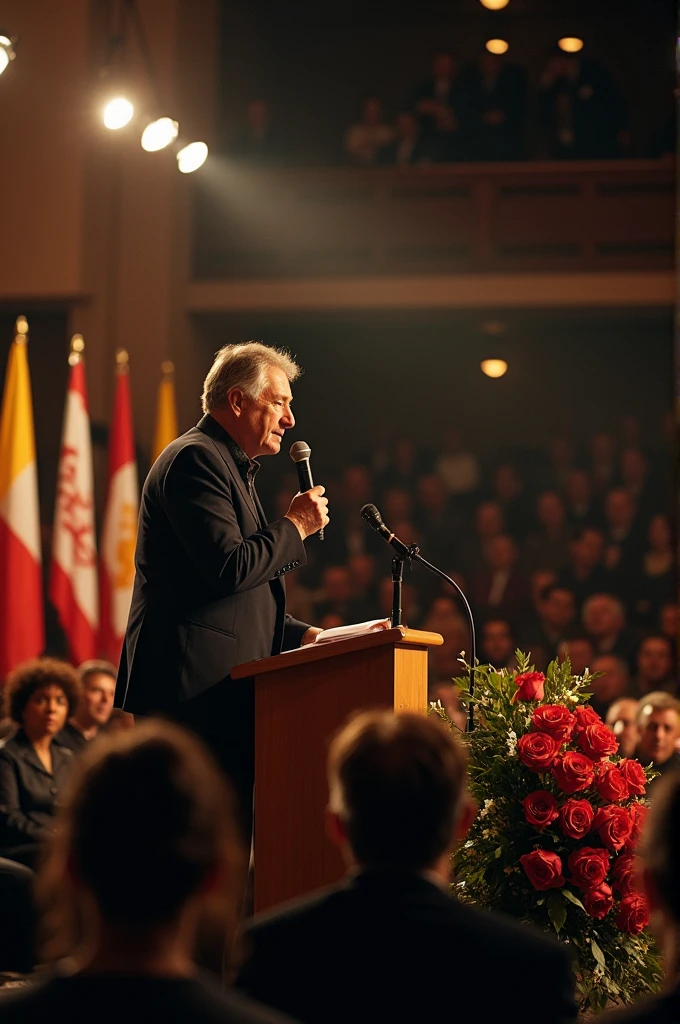 Man speaks in microphone at a "Tribute to John Lennon" to former Beatles fans