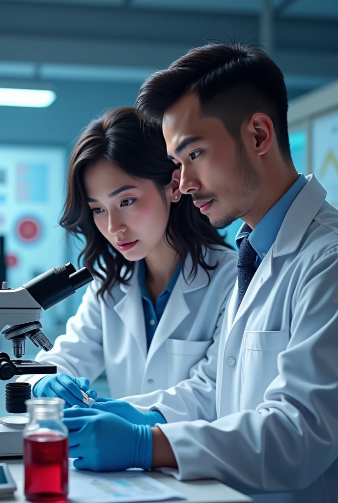 Create an image of two scientists working together in a scientific research lab. One of them is a woman with wavy hair, black and medium length. She should be thinner than the man beside her, but not overly thin, with a concentrated expression while examining data or equipment related to thrombosis. next to her, there is a dark brown-haired man, cut in an American style, With shorter sides, but not completely shaved. He is slightly heavier than the woman, but not obese, just with a fuller body frame. They are wearing lab coats and gloves, manipulating samples in a lab environment with microscopes, test tubes and other scientific equipment. The scene should have visual elements that refer to thrombosis research, such as charts or images of blood vessels in the background.
