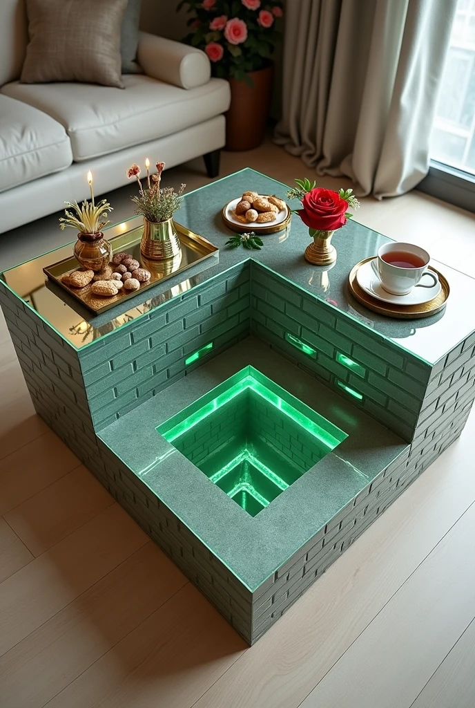 Small square coffee table handcrafted, featuring a two-way mirrored glass top that reflects a stunning visual effect inside that resembles a tunnel, a deep, endless well, and an endless staircase lit from the inside with warm green LED lighting. The sides are covered with brick wallpaper that simulates the look of 3D textured wallpaper.. The table is decorated with simple decorations such as golden pedestals, small flowers, a cake and nuts, and contains a red rose and a tea cup. . The table is placed on a light-colored wooden floor.. The table's design blends simplicity and elegance with a touch of modernity, making it a distinctive artistic piece in any room or living area.
Image size for TikTok