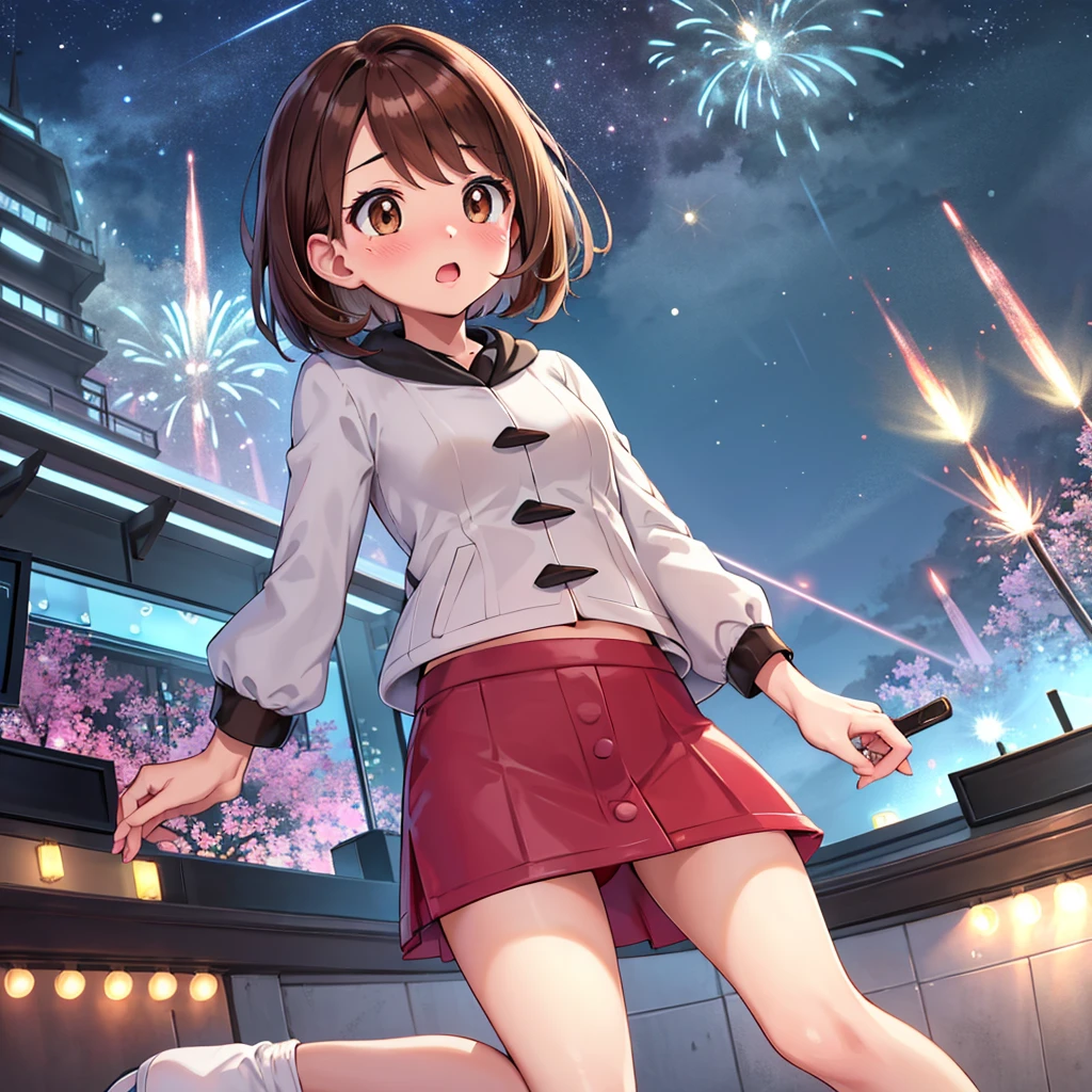 masterpiece, Highest quality, High resolution, Gua1, 1 , Gua\(Pokemon\), Brown Hair, , Brown eyes, , short hair, , Bobcut, bangs, , 　１.　１　Expressions of affection　blush　Open your mouth　blush　city　Jacket　shirt　mini skirt　Night Moon　firework　From below, surprised.underwear