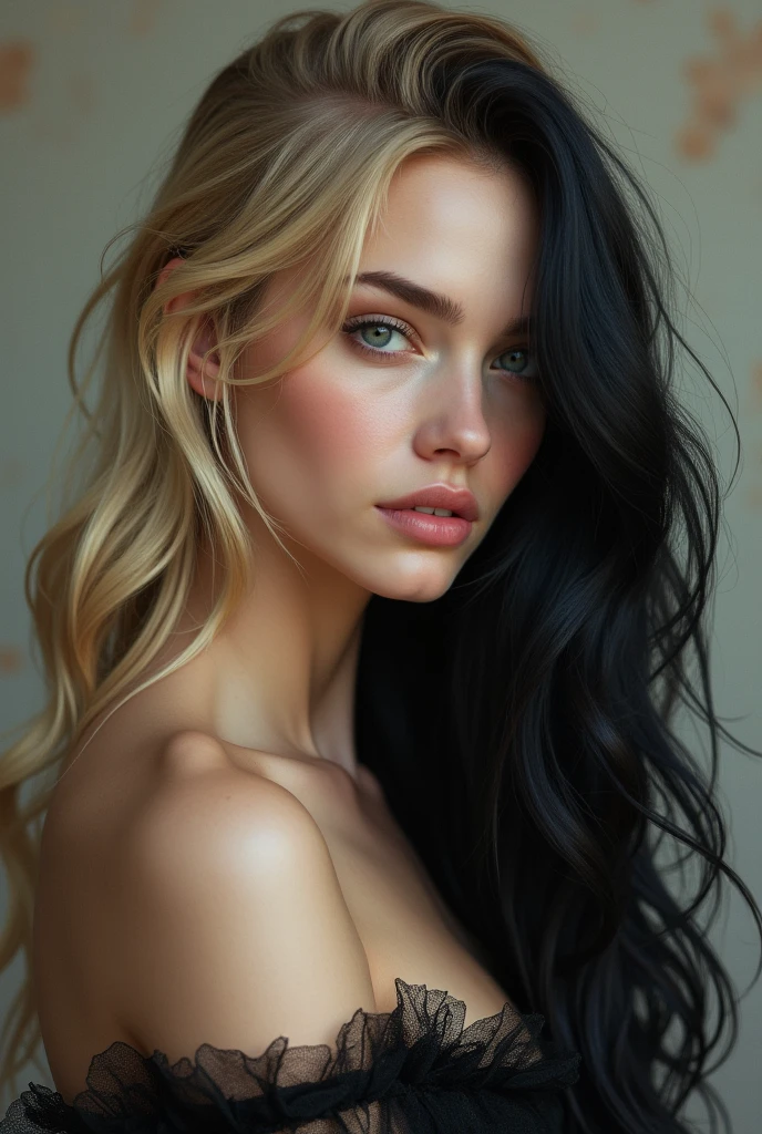 Create a beautiful blonde model with black hair