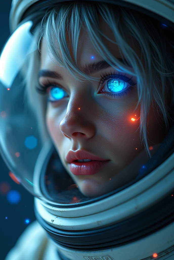 (Close-up of a better masterpiece: 1.5) 0.9], (Space and astronauts: 1.2) (Disheveled silver hair: 1.1) (Xanthochromia heterochromia and blue eyes: 1.2) (space helmet: 1.0) (colorful stars in the eyes: 1.0) (A radiant glow: 1.1) (thick lips: 0.9)