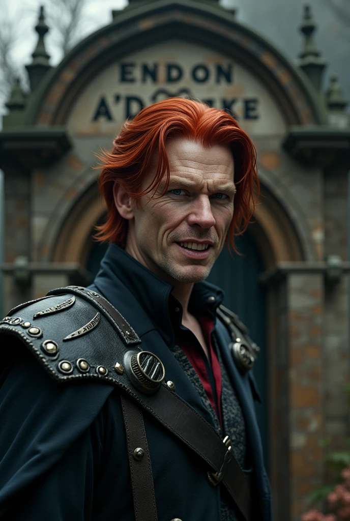 Draw the actor Michael C. Hall as a warrior vampire with very red hair, Dungeons and Dragons style, smiling in front of a tomb of a person named Endon A'Drake. 8k style, realisitic