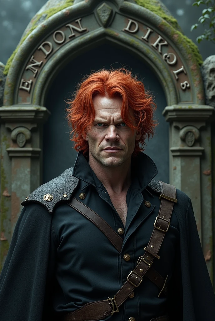 Draw the actor Michael C. Hall as a warrior vampire with very red hair, Dungeons and Dragons style, smiling in front of a tomb of a person named Endon A'Drake. 8k style, realisitic