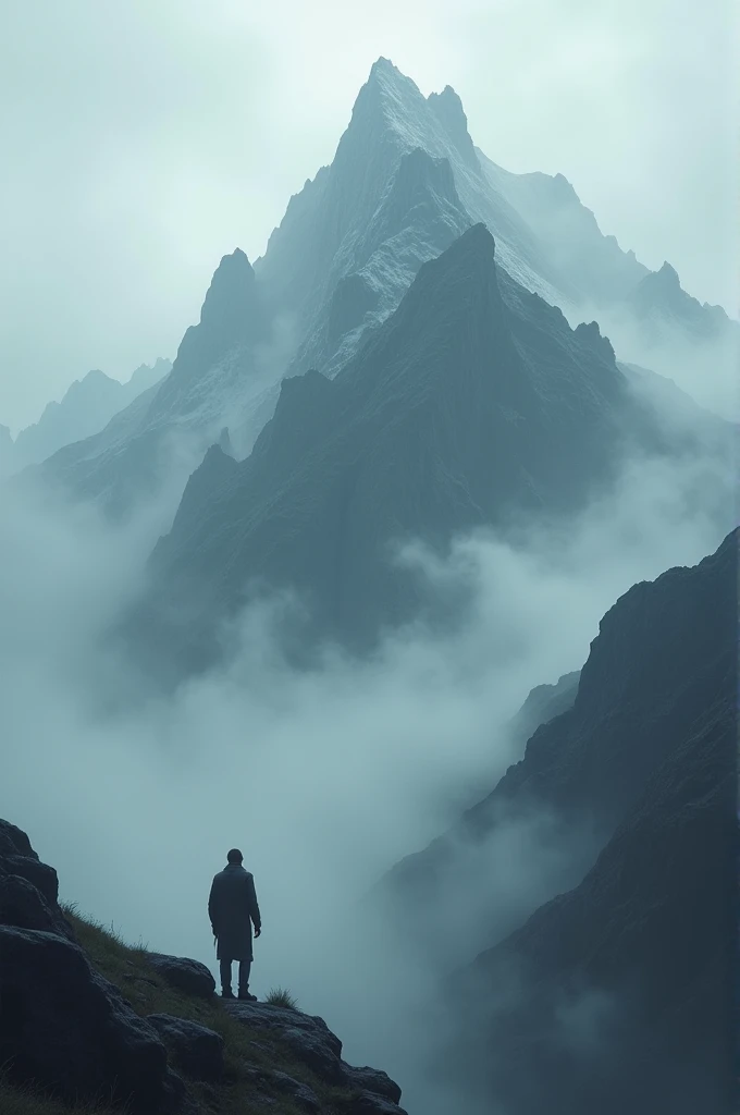 1. An imposing mountain shrouded in fog, with threatening shadows looming through the mist.