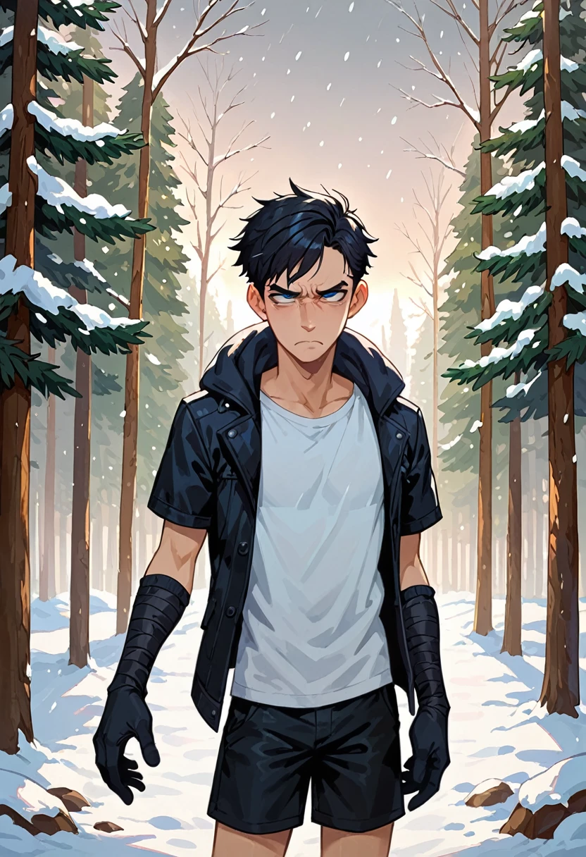 (score_9,score_8_up,score_7_up,score_6_up,score_5_up,score_4_up), best quality, masterpiece, perfect hands
BREAK
(1 boy, solo, outside, winter, snow fall, snowing, ager), blank t-shirt, white t-shirt, black shorts, black hair, goth hair, blue eyes, half eyes, black jacket, wrapping arms around self, holding torso, gloves, winter ear warmers, rolling eyes, {angry, tired eyes, closed mouth}