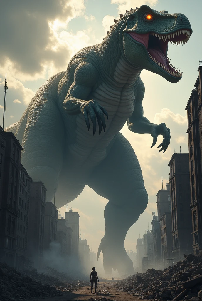 Create a dinosaur titan with a broad shoulders in the world of attack on titan.