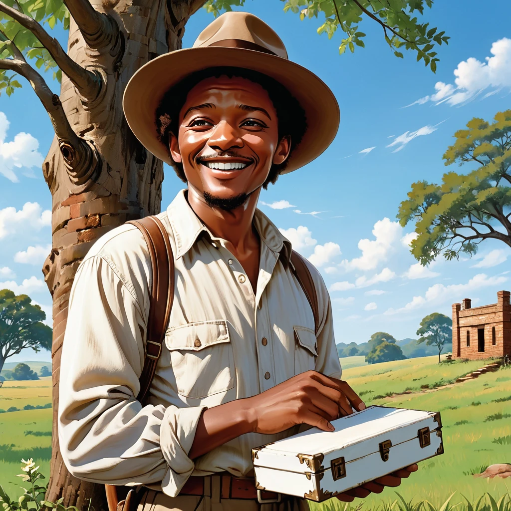 50 years afro man("Red" of the movie The Shawshank Redemption)wearing brown hat and white shirt stands under a large tree, smiling gently,holding an opened small white metal case with few dollars inside and a note,and looking sideways at the horizon,a rustic low wall of stone bricks beside him, clear blue sky, and the leaves of the tree sway gently in the breeze.The tree is on a hill that slopes gently down to reveal a lush green meadow that stretches across the entire region
