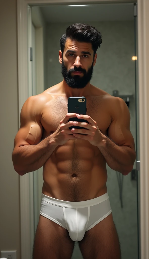 Slightly oiled, belly, muscular, broad shoulders, biceps, black hair, black beard, shaved, handsome body, hairy man, 25 years old, wearing a white boxer underneath, taking a selfie in front of the mirror in the toilet, his penis is visible.