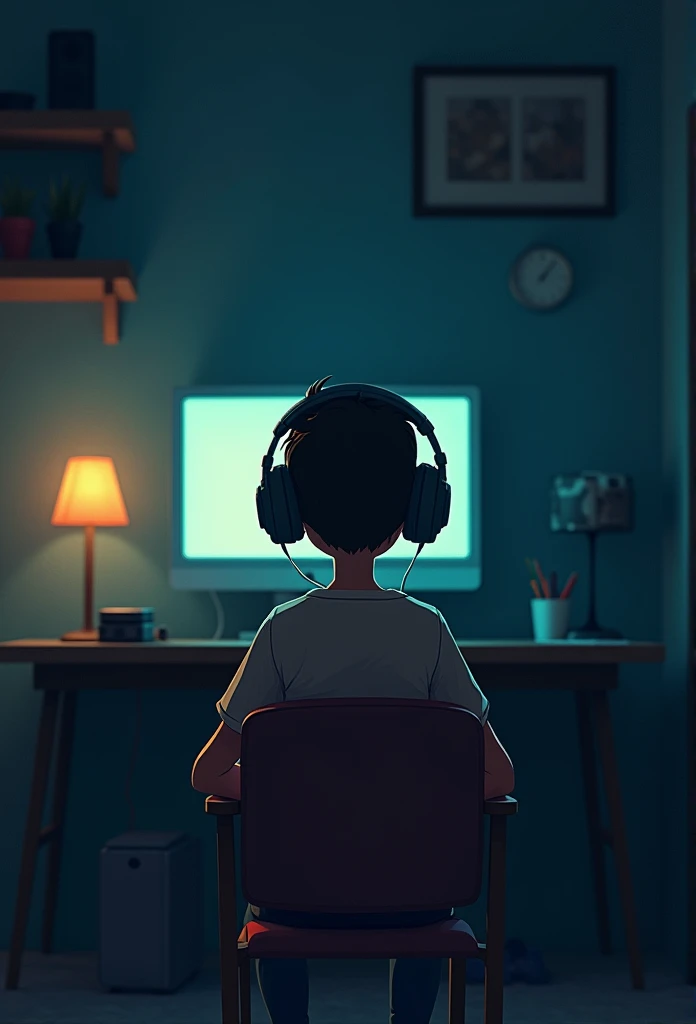 night、Listen to music in a cozy room, Using headphones, 2D-style animation, Lo-Fi, hard disk, Dark Environment