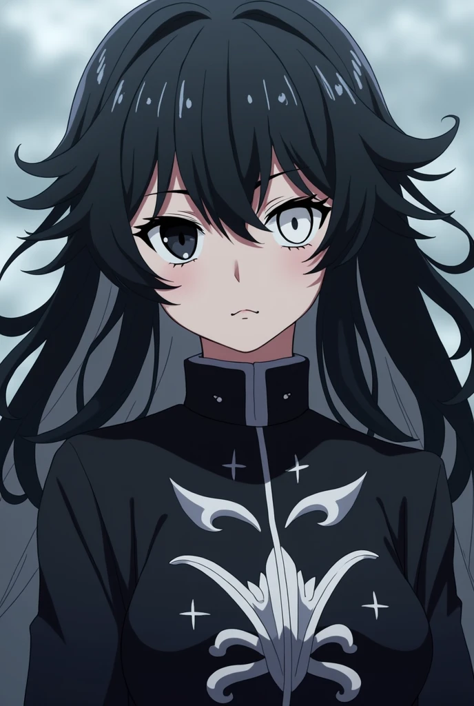 Screenshot of Kimetsu no Yaiba young female demon slayer with black hair and white tips, black left eye and white right eye, pointy bangs and long hair, wearing the demon slayer uniform.