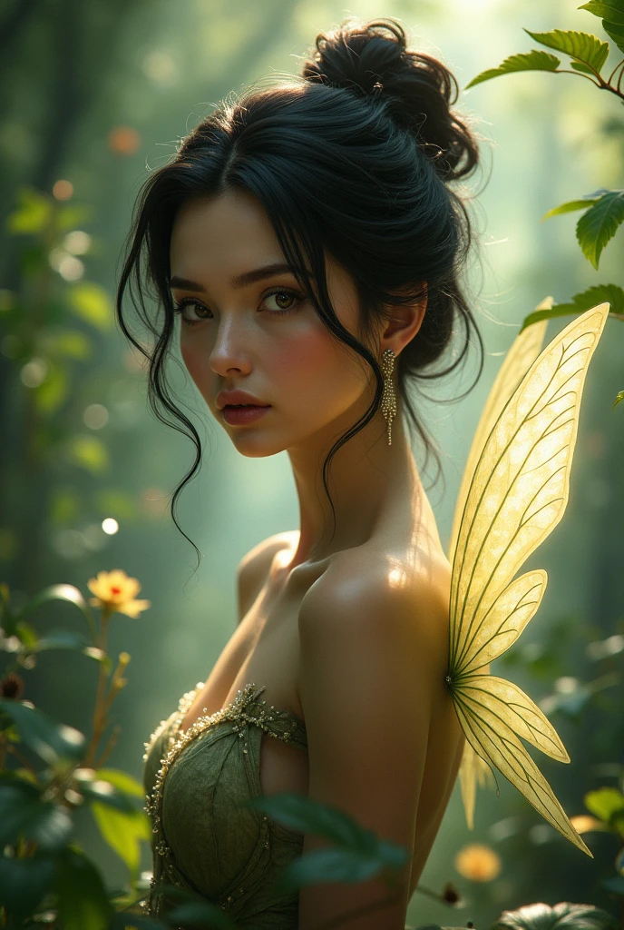 woman, black hair up, fairy type, in an enchanted forest, fantasy, looking at the camera, photorealistic