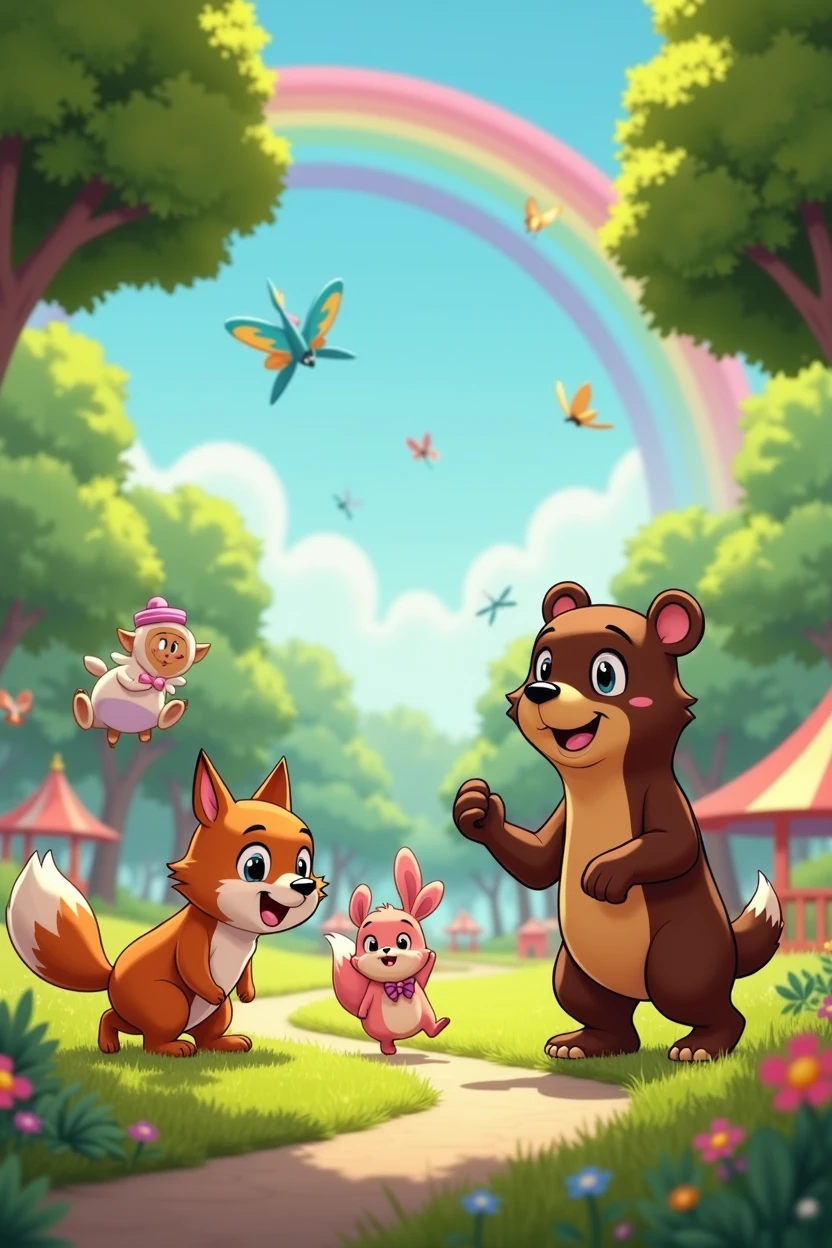 A colorful park with animated animals playing