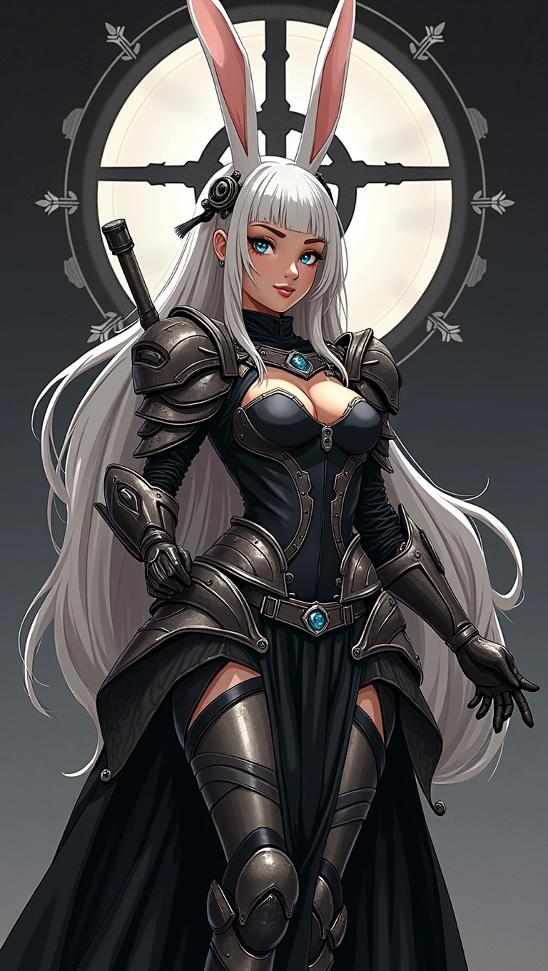 drawing of a full body tanned 29 years old bunnygirl woman, armor, kemonomimi mode, usagimimi, light Dark Skin, arabic face