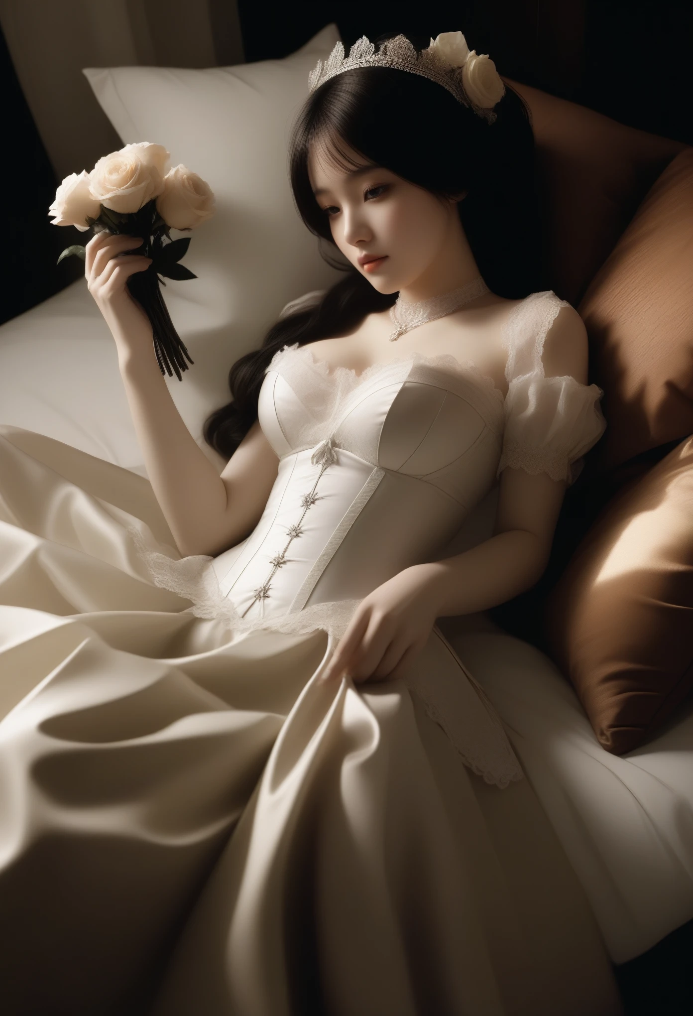 (Sepia color)1.3,(Umbilical center),(Lying in bed),half-open lips,(realistic)+, (official photo)1.3,(masterpiece)1.3,(french maid)1.3,(rose),bouquet,ornate, intricate,(solo girl),(sexy lace Corsets and garter belts)1.3,(skirt)1.3,(Choker)1.3,ethereal, soft clean focus, art by emil melmoth, gustave dore, craig mullins, yoji shinkawa, art germ, pete morbacher, david lynch, artstation, oft clean focus, realistic lighting and shading, (an extremely delicate and beautiful art)1.3, elegant, ,active angle,dynamism pose