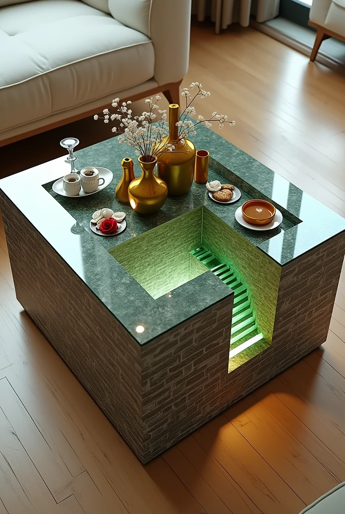 Small square coffee table handcrafted, featuring a two-way mirrored glass top that reflects a stunning visual effect inside that resembles a tunnel, a deep, endless well, and an endless staircase lit from the inside with warm green LED lighting. The sides are covered with brick wallpaper that simulates the look of 3D textured wallpaper.. The table is decorated with simple decorations such as golden pedestals, small flowers, a cake and nuts, and contains a red rose and a tea cup. . The table is placed on a light-colored wooden floor.. The table's design blends simplicity and elegance with a touch of modernity, making it a distinctive artistic piece in any room or living area.
Image size for TikTok