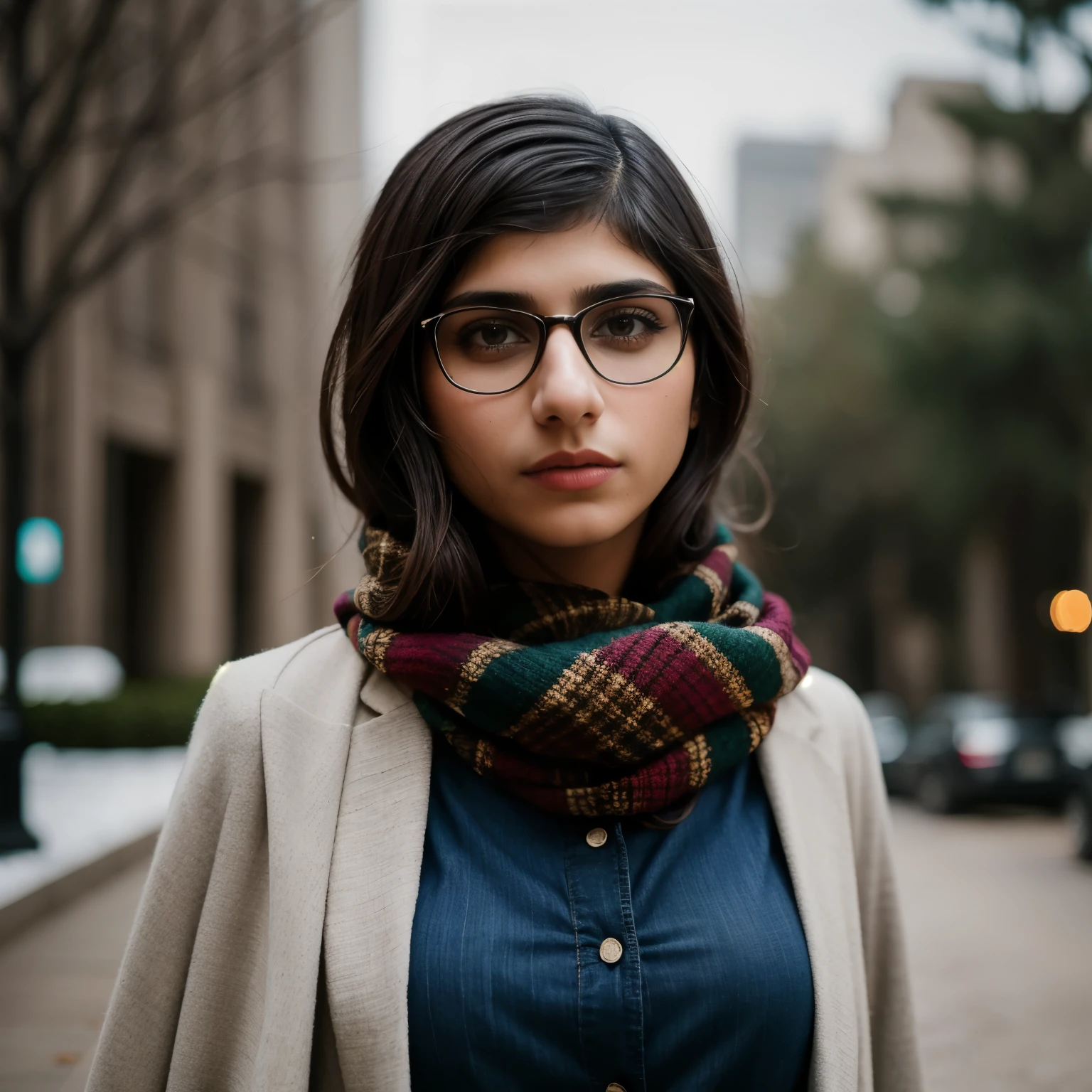 cinematic film still of  Mia Khalifa a woman wearing glasses and a scarf vintage glamour photography, shallow depth of field, vignette, highly detailed, high budget, bokeh, cinemascope, moody, epic, gorgeous, film grain, grainy