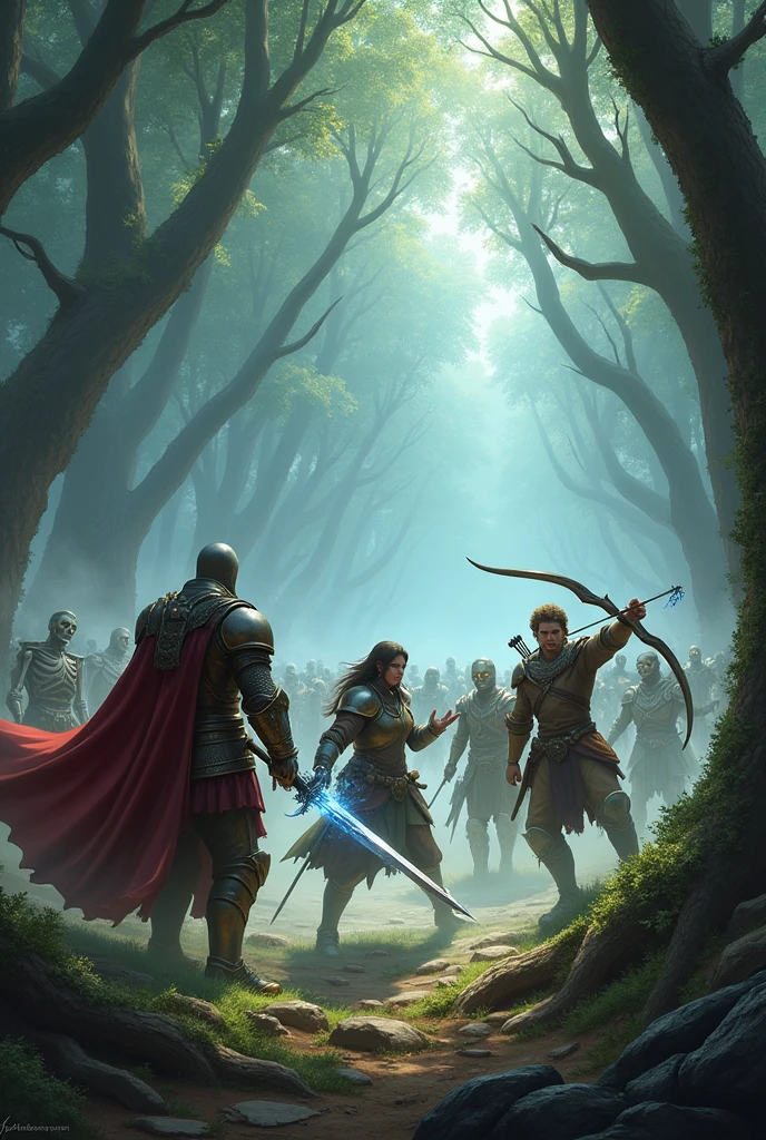 A wizard, a knight, an archer and a healer fight skeleton enemies in a mystical forest, realistic, photographic
