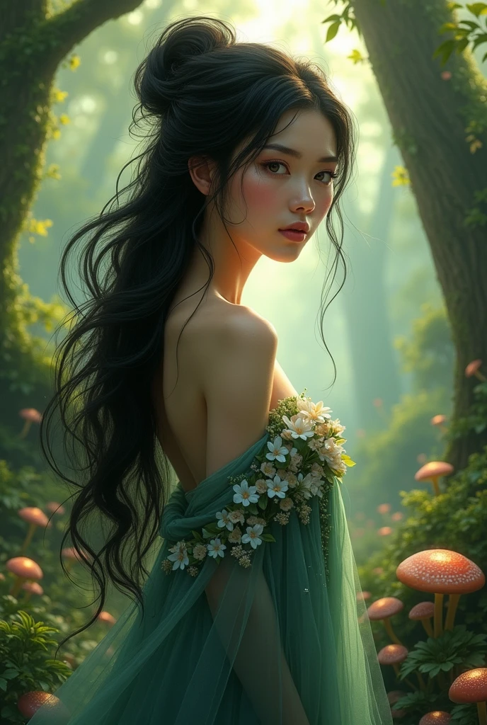 Uma mulher nua, medium and perfect breasts, with a flower in hand, seios grandes, 3d magic details, James Jean Luz Suave, 4k, Yuri Schvedorf e Tom Bagshaw, linda arte digital, Sylvain Sarrell e Igor Mosky