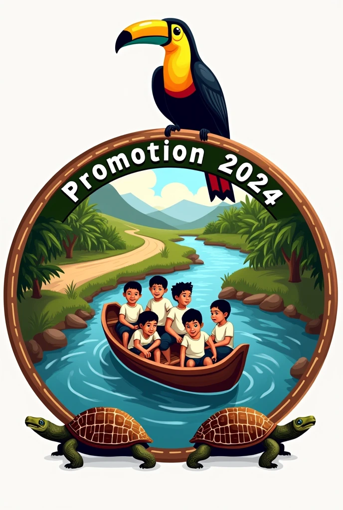 Create a graduation logo in a circle with 'Promotion' at the top and '2024' at the bottom. The background should include a river and a dirt road with a large toucan. In the river, there should be indigenous children wearing white shirts riding in a small wooden boat going to school. At the bottom of the logo, there should be two turtles.