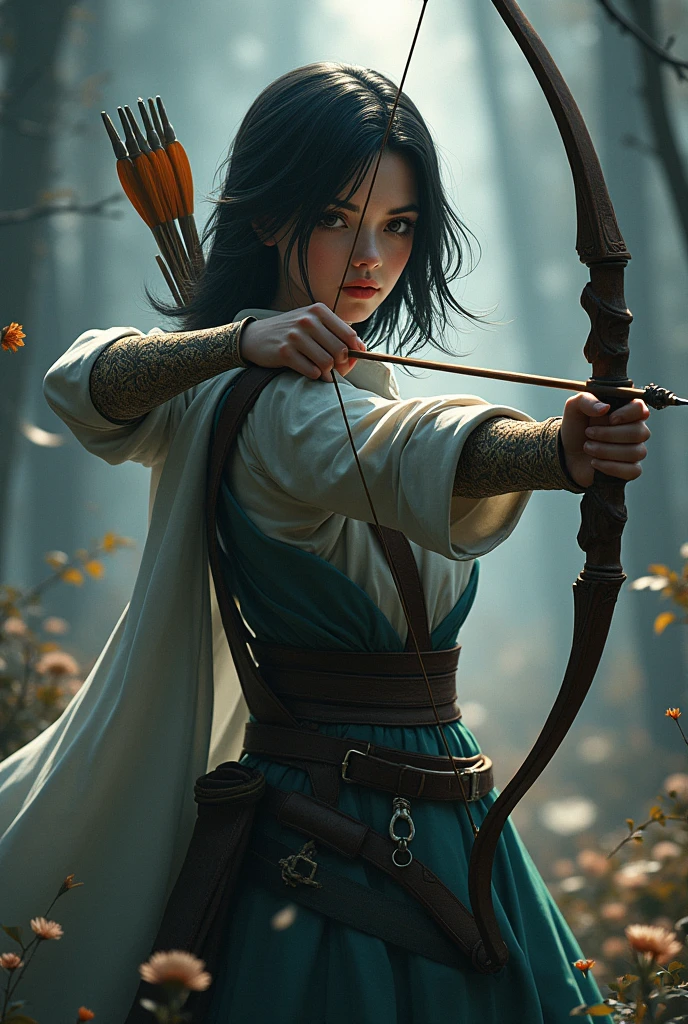 An Archer, one of her arms is spiritual, medium straight black hair, eyes browns, medieval style 