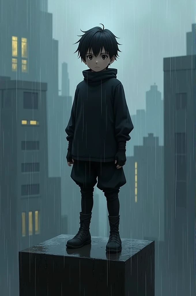 Draw a boy standing on top of a building looking straight at the viewer below, he is wearing black clothing that covers up to the wrists and to the ankles, rainy weather, anime styling