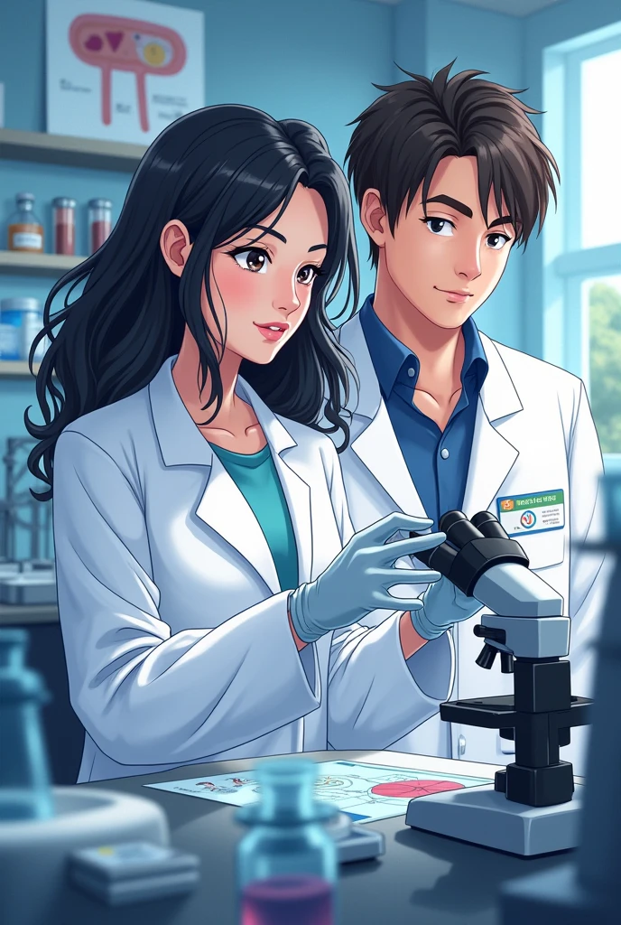 Create an image of two scientists working together in a scientific research lab. One of them is a woman with wavy hair, black and medium length. She should be thinner than the man beside her, but not overly thin, with a concentrated expression while examining data or equipment related to thrombosis. next to her, there is a dark brown-haired man, cut in an American style, With shorter sides, but not completely shaved. He is slightly heavier than the woman, but not obese, just with a fuller body frame. They are wearing lab coats and gloves, manipulating samples in a lab environment with microscopes, test tubes and other scientific equipment. The scene should have visual elements that refer to thrombosis research, such as charts or images of blood vessels in the background, in illustration format.