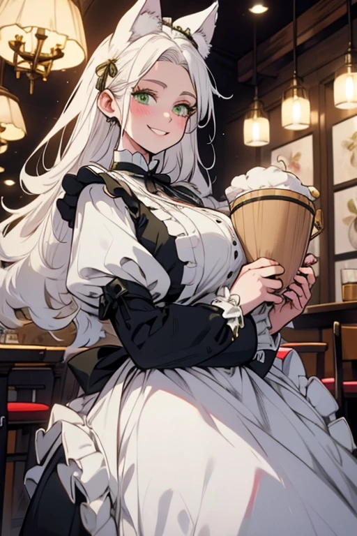 Perfect face. Perfect hands. A young white haired woman with green eyes with white wolf ears and a fluffy white wolf tail in a ta maid outfit is serving dinner in a fancy made cafe with a big smile