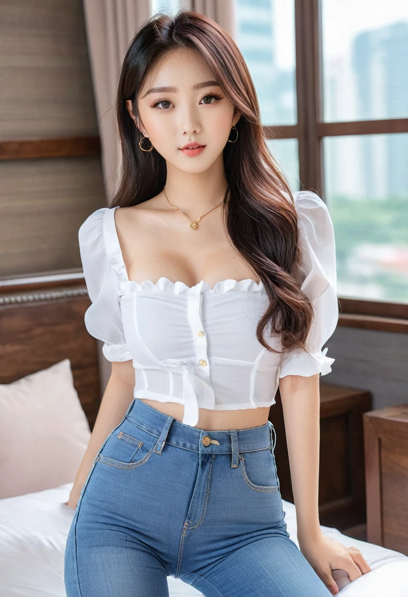 (((high quality:1.2))), Work of art, (8k), extremely detailed, ((High detail:1.2)) ((best resolution)), (HotLexi), Solo, ((24 years old Korean Ulzzang female)), (blouse, jeans), (hot perfect hourglass-shaped body), (small cute breasts),(pretty perfect square defined model face:1.35),