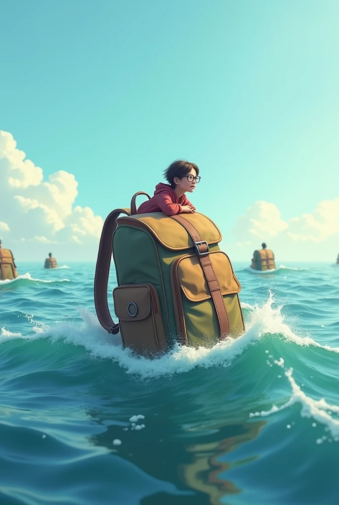A backpack floating in the sea with an adventurous college student on their back, with more boats in the background


