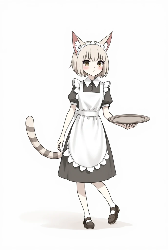 Jacques prevert illustration art, illustration of a beautiful girl, cat ears, cat tail, tray in hand, maid suit, line draw, white simple background, black and white --ar 2:3 --stylize 50