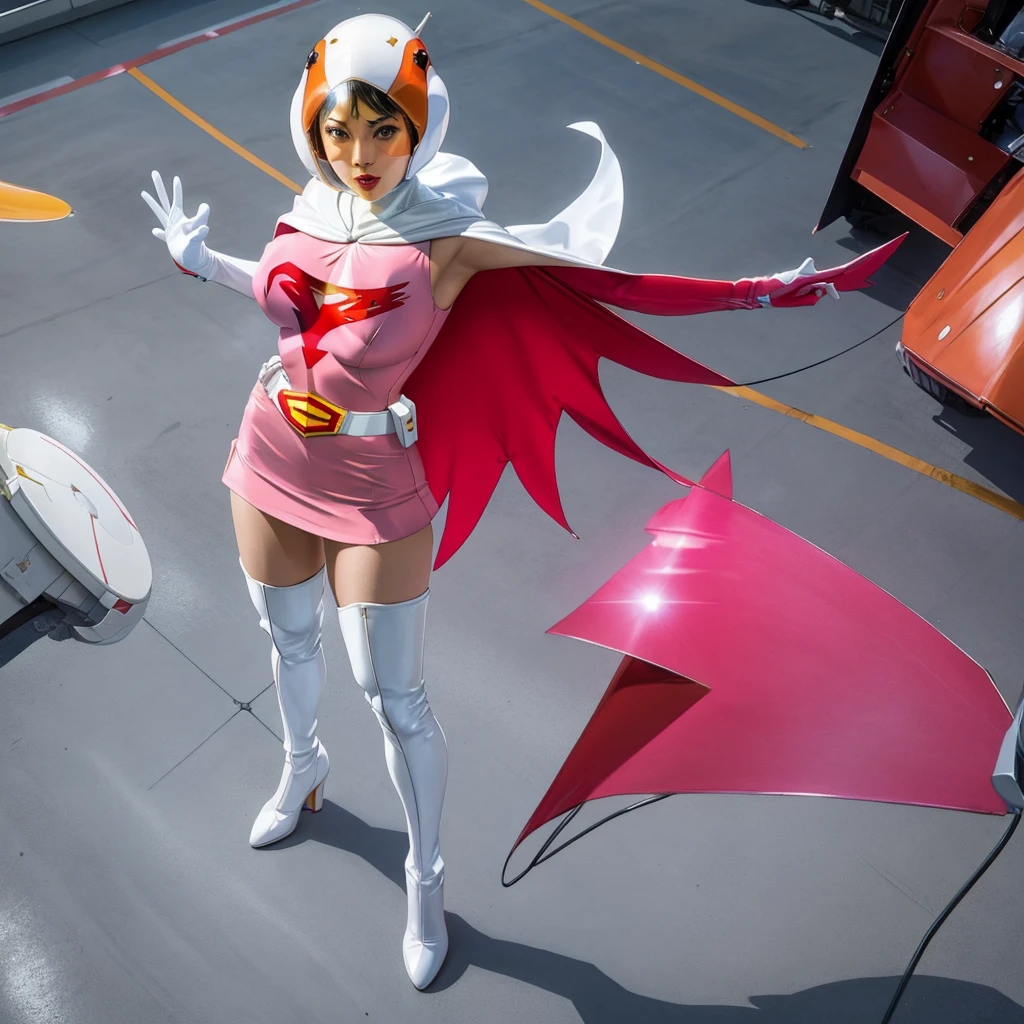 ANI_CLASSIC_jun_gatchaman_ownwaifu,1girl, 15yo,good anatomy, masterpiece, best quality,realistic, hyper realistic, 16k hdr, long hair,breasts,lips,large breasts,lipstick,makeup,gloves,cape,helmet,belt,elbow gloves,white gloves,mask,ultra miniskirt,leotard,spacesuit,white tight overknee highheels boots,pink dress,superhero,bodysuit,cleavage,erected nipples,(standing pose,front view),(spread legs:1.1)
