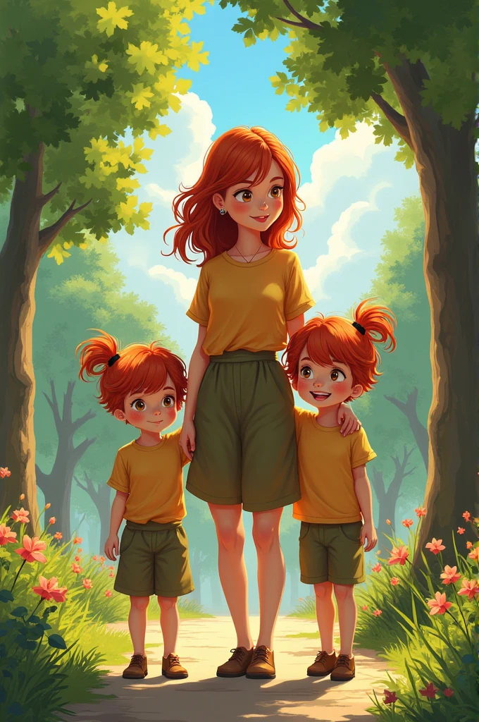 Redheaded woman with a pair of twin children, a boy and a girl, both with red hair, in a park. 