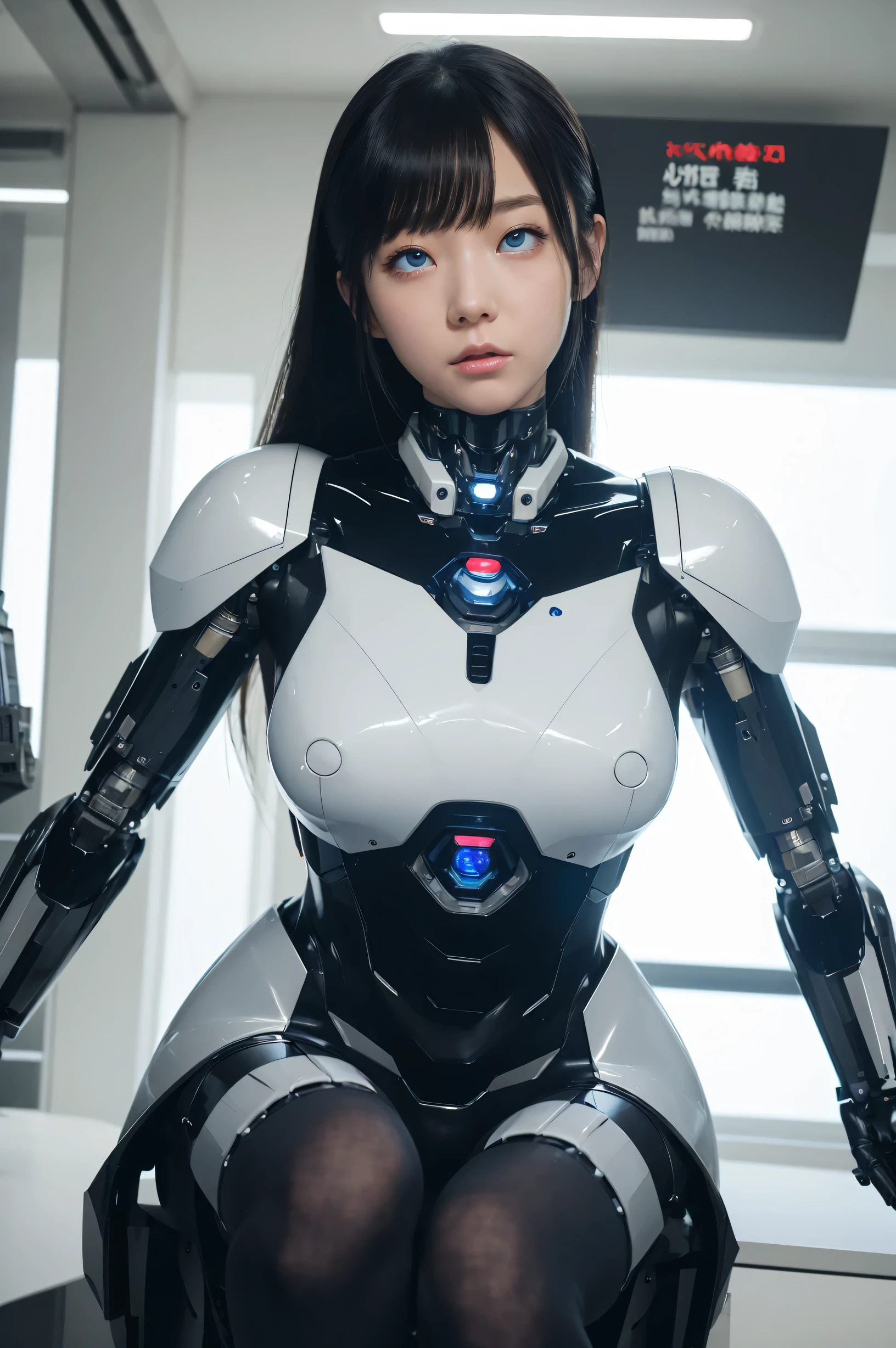 masterpiece, best quality, extremely detailed,  1girl in, Japaese Cyborg woman,Plump , control panels,android,Droid,Mechanical Hand, Robot arms and legs, Black Robot Parts,Black hair,Mechanical body,Blunt bangs,White robotics parts,perfect robot girl,future information counter,reception,long tube,thick cable connected her neck,ceramic body ,mechanical body, ear antenna,mechanical ear cover, loose boots,android,robot,humanoid,cyborg,information office,japanese android receptionist ,mechanical chest,blue eyes,dark black tights,rolling eyes