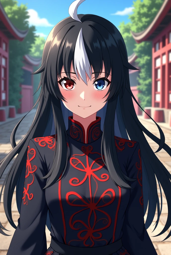 Screenshot of a young female demon slayer from Kimetsu no Yaiba with black hair and white tips, black left eye and white right eye, pointy bangs and long hair. She is wearing the demon slayer uniform in the anime Demon Slayer style. She is in an estate with a smiling expression.