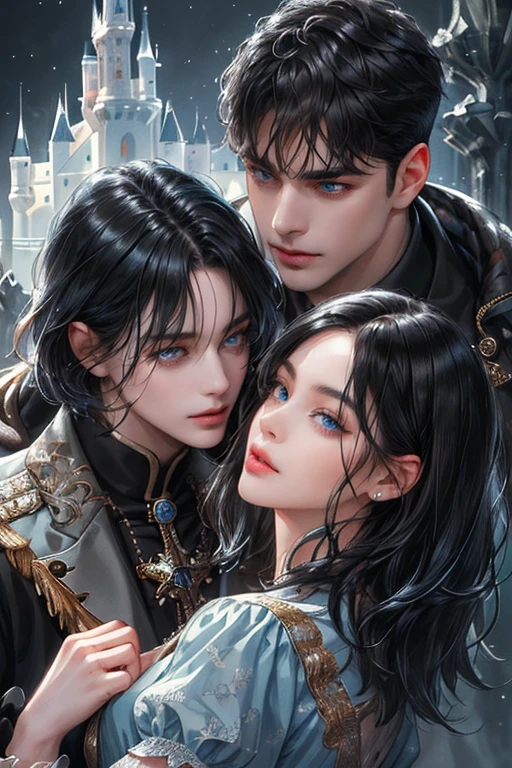 (absurdly , high quality , masterpiece , ultra detailed), ( detailed to hand ) (detailed to eyes) (detailed to face) , couples, 1 man (short black Quiff hair with Soft Fringe, bangs part on side 3:7 ratio) and 1 woman (short black hair with fringe) love ,pretty eyes (blue eyes) , black hair, fantasy, castle background, (close-up)
