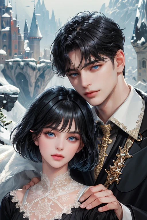 (absurdly , high quality , masterpiece , ultra detailed), ( detailed to hand ) (detailed to eyes) (detailed to face) , couples, 1 man (short black Quiff hair with Soft Fringe, bangs part on side 3:7 ratio) and 1 woman (short black hair with fringe) love ,pretty eyes (blue eyes) , black hair, fantasy, castle background, (close-up)