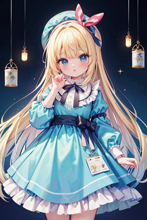 (Official Art、highest quality、unity 8k wallpaper、32k、masterpiece、Very detailed、超A high resolution)、Fantasy、((Alice in Wonderland))、1 female, 、blonde、Long Hair、Blue colored eyes、Blue Apron Dress、Trump'soldier、rabbit with a clock、Red Rose、White Rose、Stand in front of the house、suit thug