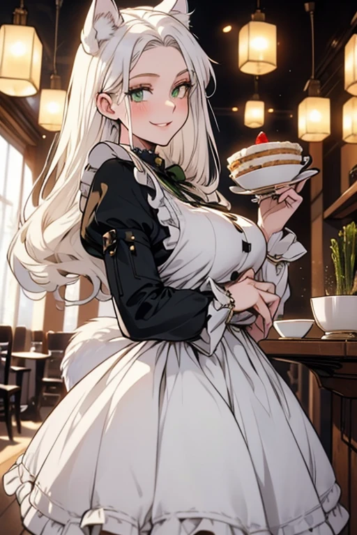 Perfect face. Perfect hands. A young white haired woman with green eyes with white wolf ears and a fluffy white wolf tail in a Lolita maid outfit is serving dinner in a fancy made cafe with a big smile