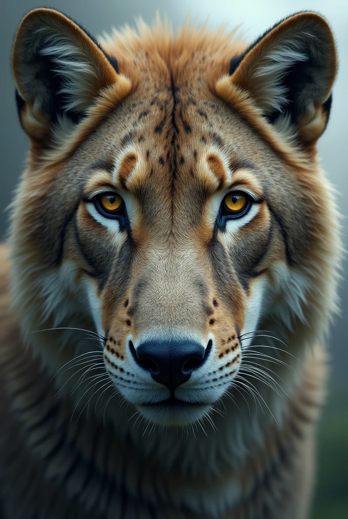 Create an animal's gaze, where the face reflects a human father and his 2 children