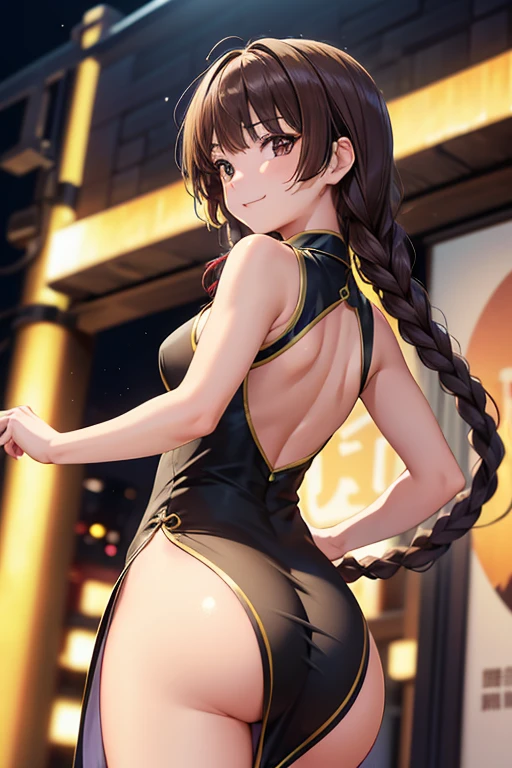 Yuno Shimazu、Shiny brown hair,Long Hair,  、((2 braids:1.5、Hair that falls over the shoulders)),Beautiful brown eyes、Sparkling eyes, Fine grain、smile、Super detailedな目、Highly detailed face, Highly detailed eyes,Cowboy Shot、


((masterpiece, Highest quality, High resolution, 超High resolution, Pixel perfect, Depth of written boundary, 4K, RTTX 10.0, High resolution))),
1 person, Absurd, Sleeveless cheongsam mini dress, Beautiful ass, Backlight, Sharp focus, Depth of written boundary, Perfect body, Perfect Anatomy, Sharpness, Absurd, employment, Super detailed, Sharp focus,  Depth of written boundary, Perfect body, Perfect Anatomy, Shibuya Street, Dancing, Motion Blur, Looking at the audience,