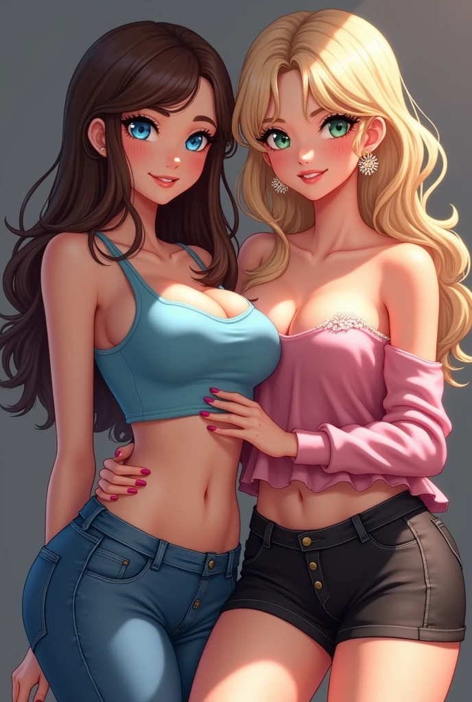 2 filles, fille1: Gros seins,Mignon,Beaux yeux détaillés,Cheveux brillants,visible à travers les cheveux,poils entre les yeux, cheveux bruns,yeux bleus, cheveux longs, épais, doux sourire, jeans, t-shirt bleu, fille2: cheveux blond, cheveux bouclés, Cheveux moyens, yeux verts, boucles d'oreilles fleurs, ongles roses, épais thighs, Petits seins, Grandes hanches, chandail rose à épaules, jupe noire, baisering, baiser, tenues légères, presques nues, seins visibles en transparence