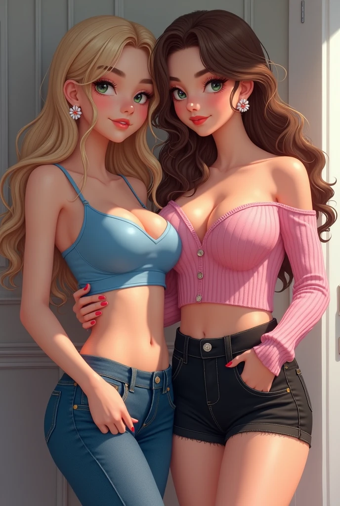2 filles, fille1: Gros seins,Mignon,Beaux yeux détaillés,Cheveux brillants,visible à travers les cheveux,poils entre les yeux, cheveux bruns,yeux bleus, cheveux longs, épais, doux sourire, jeans, t-shirt bleu, fille2: cheveux blond, cheveux bouclés, Cheveux moyens, yeux verts, boucles d'oreilles fleurs, ongles roses, épais thighs, Petits seins, Grandes hanches, chandail rose à épaules, jupe noire, baisering, baiser, tenues légères, presques nues, seins visibles en transparence
