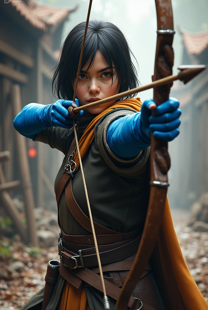 An Archer, bright blue left arm, medium straight black hair, eyes browns, medieval style 