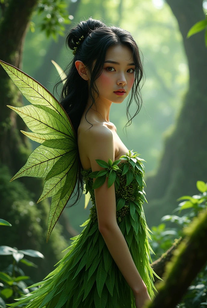 "A scene where the tiny Leaf Fairy, only 15 cm tall, approaches Liora, a young woman standing at 150 cm. The fairy is gracefully flying towards Liora with a gentle, motherly smile, and is energetically waving her hand in a friendly gesture. Liora, seated or crouched on the forest floor, looks up at the fairy with an expression of amazement and surprise. Her eyes are wide, and her mouth is slightly open as she processes the sight of the tiny, magical creature. The background is a lush, enchanting forest with vibrant green foliage, adding to the magical and whimsical atmosphere of the encounter."